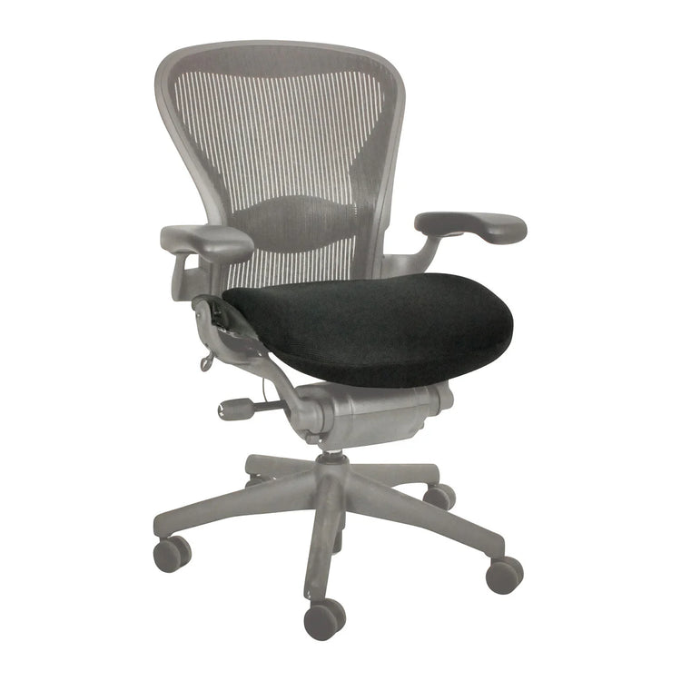 Stratta Aeron Seat Cushion installed on a Herman Miller Aeron chair, showing breathable BioFlex foam design that relieves sciatic nerve pain, tailbone pressure, and lower back strain during extended office sitting.  