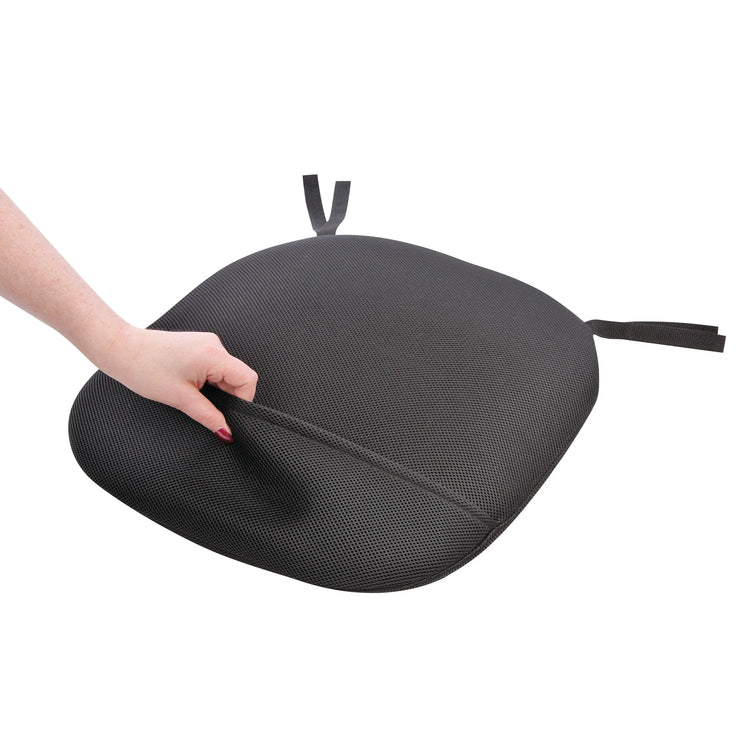 Underside view of Stratta Aeron Seat Cushion showing Velcro straps that securely fasten to the Aeron seat pan, preventing shifting while delivering ergonomic comfort and sciatic pain relief.