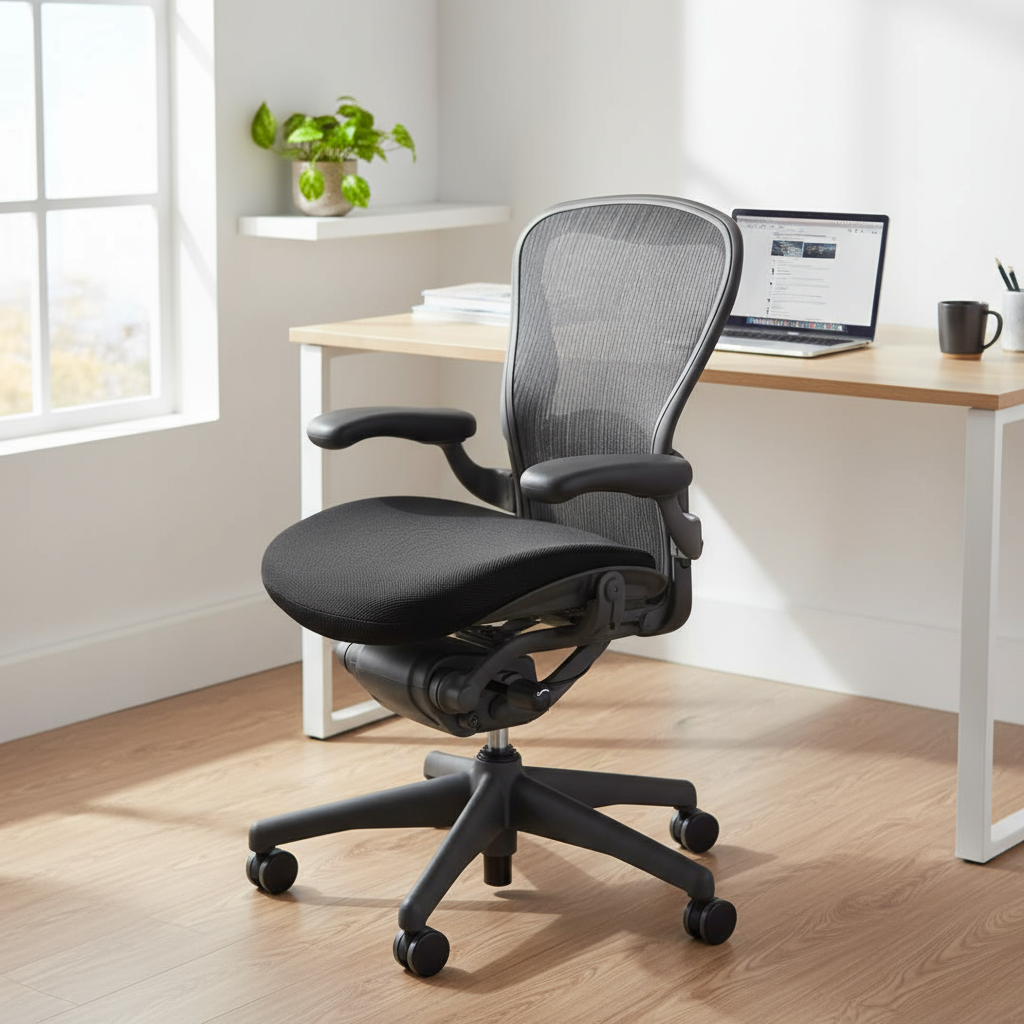 Side profile of Stratta Herman Miller Aeron Seat Cushion highlighting 2-inch high-density BioFlex hybrid foam thickness designed to retrofit Herman Miller Aeron mesh chairs while preserving airflow and ergonomic support.