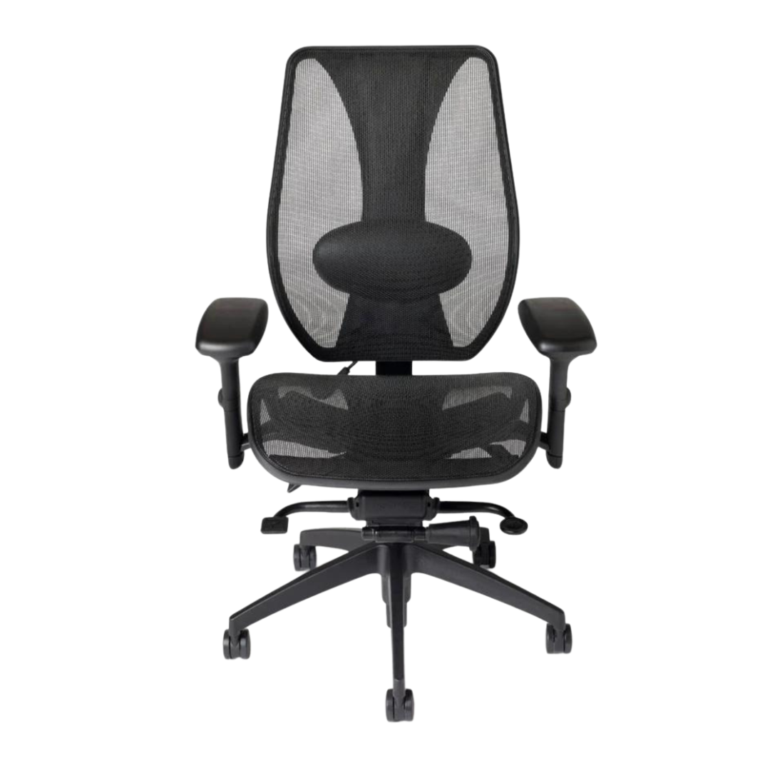 A black high-back office chair with a mesh backrest and seat, equipped with adjustable armrests, on a five-star base with dual-wheel casters.