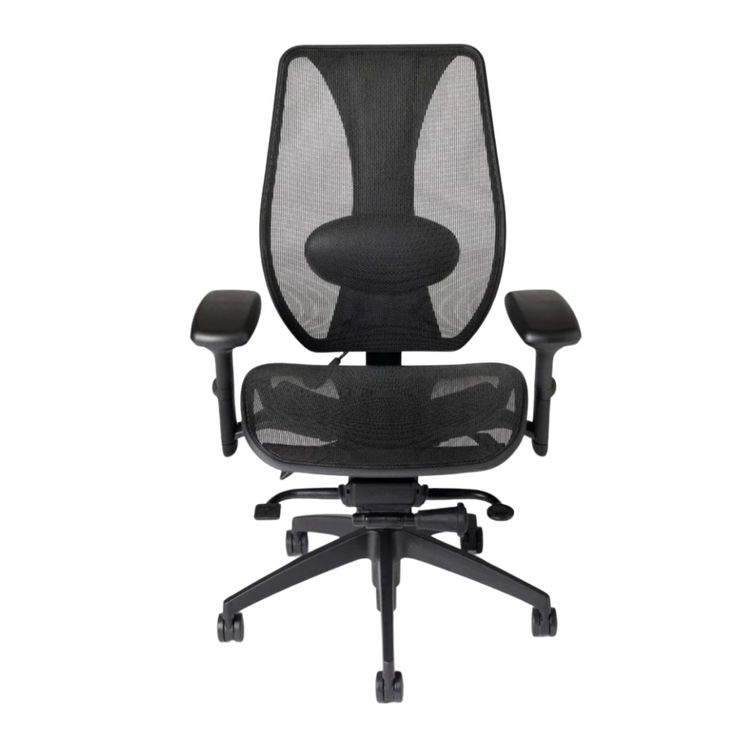 A black high-back office chair with a mesh backrest and seat, equipped with adjustable armrests, on a five-star base with dual-wheel casters.