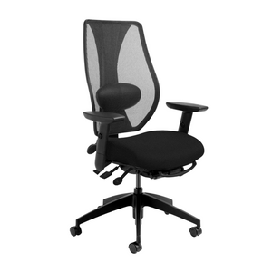 A black ergonomic office chair with a dual curve mesh backrest, adjustable arms, and a five-wheel base with casters.