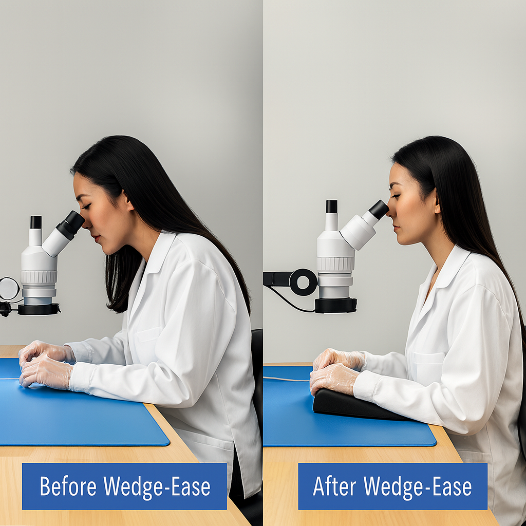 Wedge-Ease ergonomic forearm support for lab and microscope work - wrist and arm cushion before & after