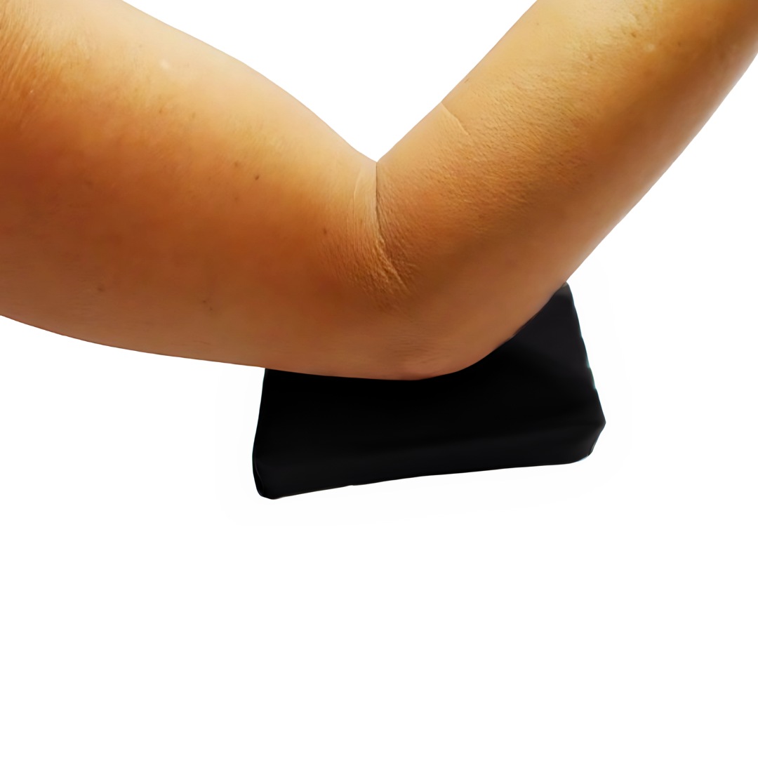 Wedge-Ease ergonomic forearm support for lab and microscope work - wrist and arm cushion in use