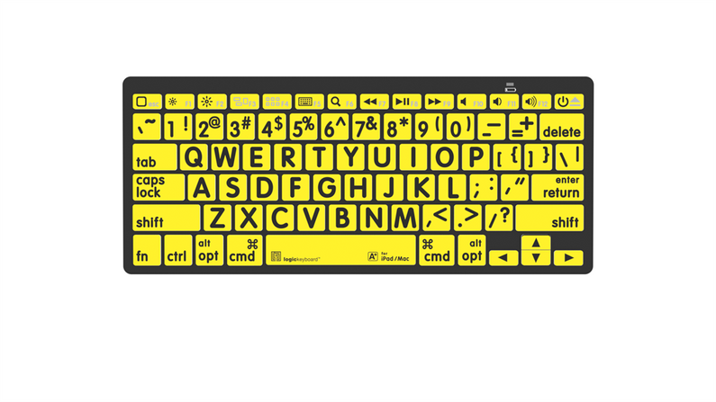 A large print mini Bluetooth keyboard with black keys and white lettering, showing both English and German keyboard layout, suitable for PC and MAC.