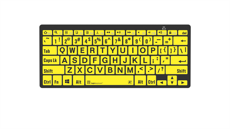 A large print mini Bluetooth keyboard with black keys and white lettering, showing both English and German keyboard layout, suitable for PC and MAC.