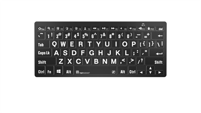 A large print mini Bluetooth keyboard with black keys and white lettering, showing both English and German keyboard layout, suitable for PC and MAC.