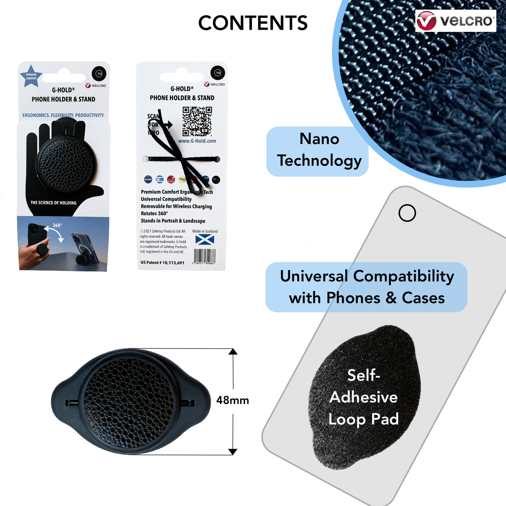 G-Hold phone holder size comparison showing slim profile that fits in pocket alongside standard smartphone
