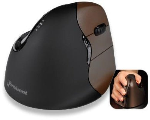 A black Evoluent vertical ergonomic mouse with a long USB cable.