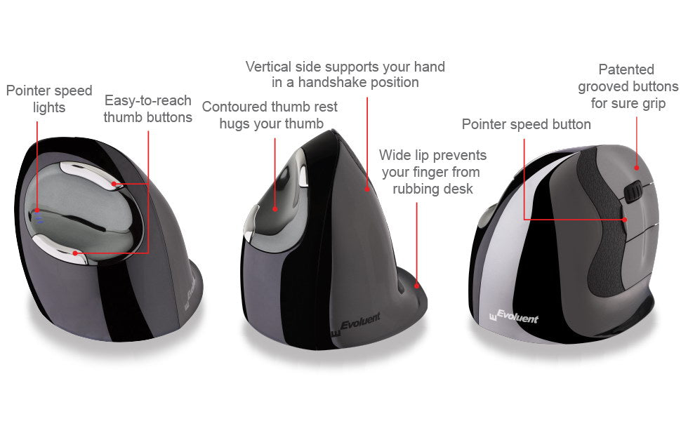 Evoluent VerticalMouse D ergonomic vertical mouse wireless and wired - wrist pain relief diagram