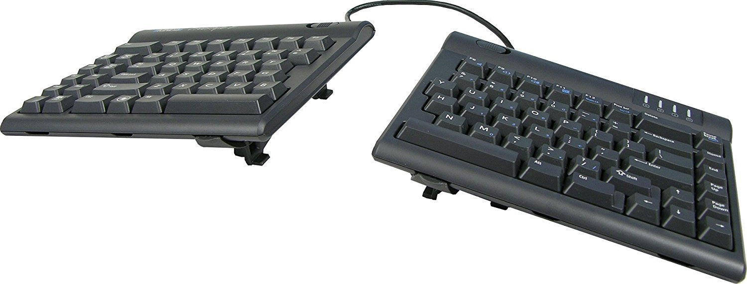 Two-module adjustable split keyboard with a flexible pivot tether and an embedded 10-key pad, predominantly in black color.