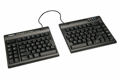 Two-module adjustable split keyboard with a flexible pivot tether and an embedded 10-key pad, predominantly in black color.