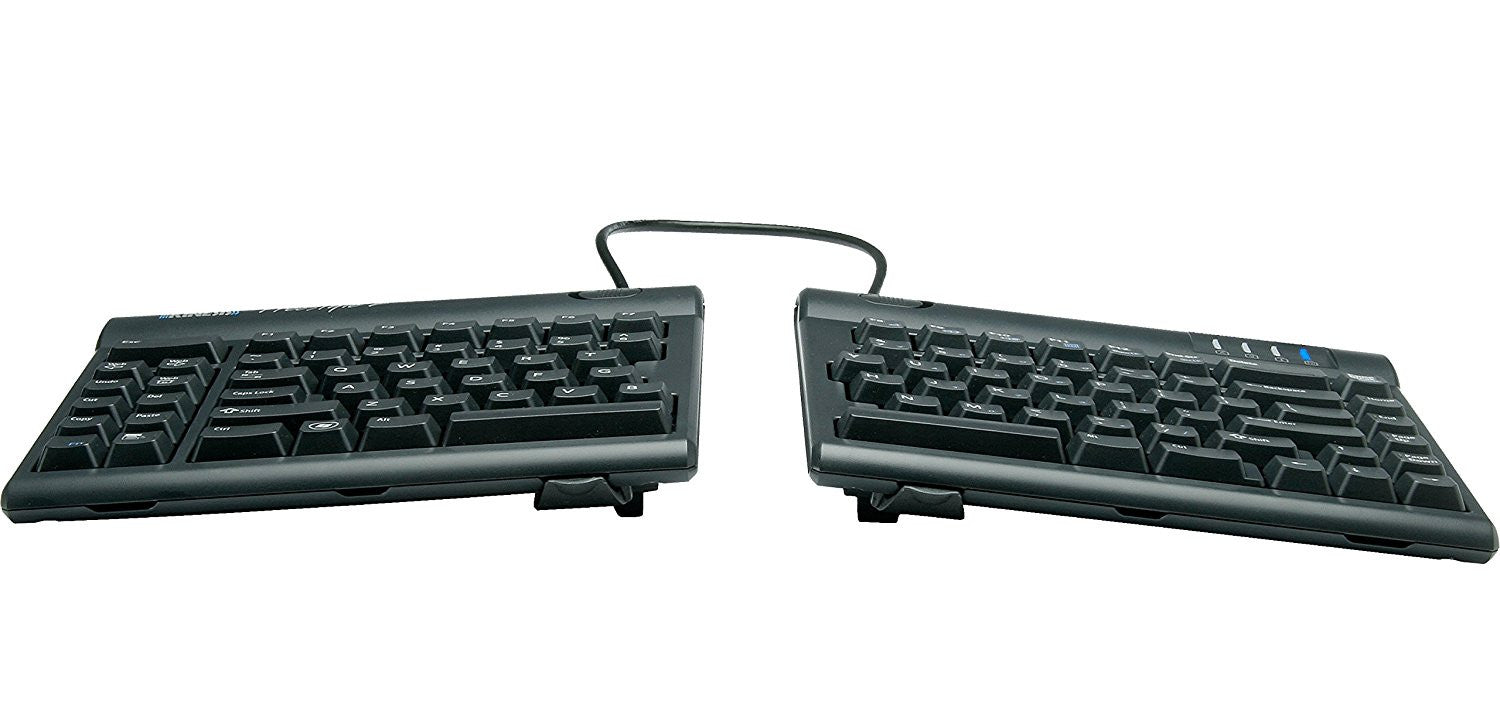 Two-module adjustable split keyboard with a flexible pivot tether and an embedded 10-key pad, predominantly in black color.