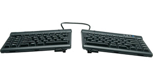 Two-module adjustable split keyboard with a flexible pivot tether and an embedded 10-key pad, predominantly in black color.