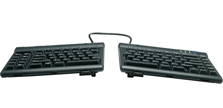 Two-module adjustable split keyboard with a flexible pivot tether and an embedded 10-key pad, predominantly in black color.