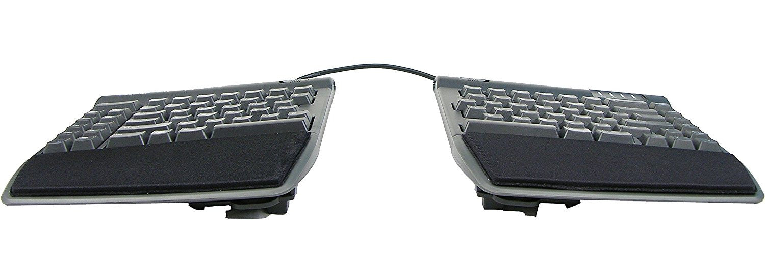 Two-module adjustable split keyboard with a flexible pivot tether and an embedded 10-key pad, predominantly in black color.