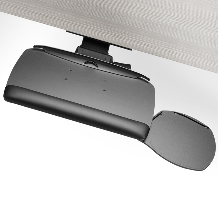 Workrite Advantage keyboard tray configured for right-handed mousing with swivel mouse platform positioned on right side