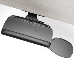 Workrite Advantage keyboard tray configured for right-handed mousing with swivel mouse platform positioned on right side